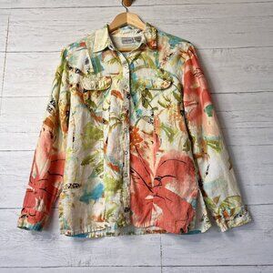 Chicos Shirt Size 1 Tropical Paradise Print 100% Linen Snap Down Long Sleeve